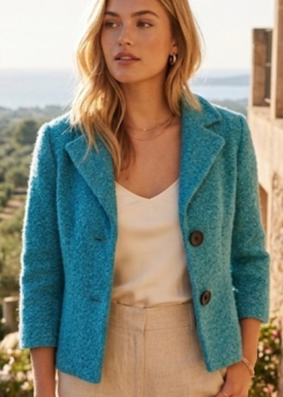 CAbi Vibrant Turquoise Wool Blend Boucle 3/4 Sleeve Jacket/Blazer